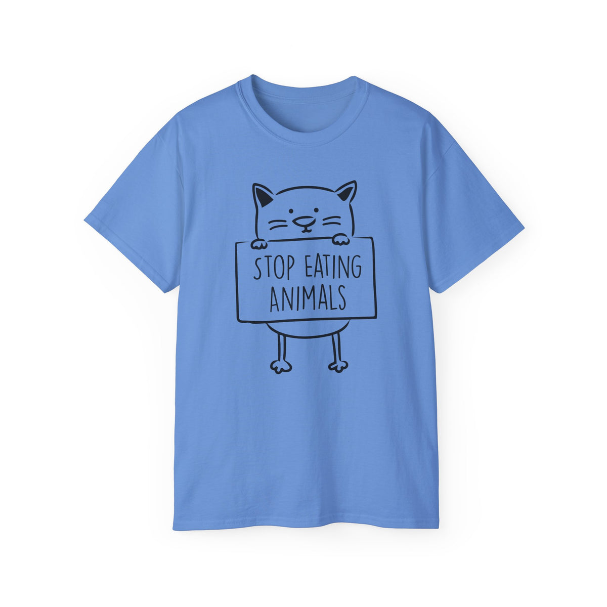 Cat Holding Sign Stop Eating Animals T-Shirt | Vegan Animal Rights Tee