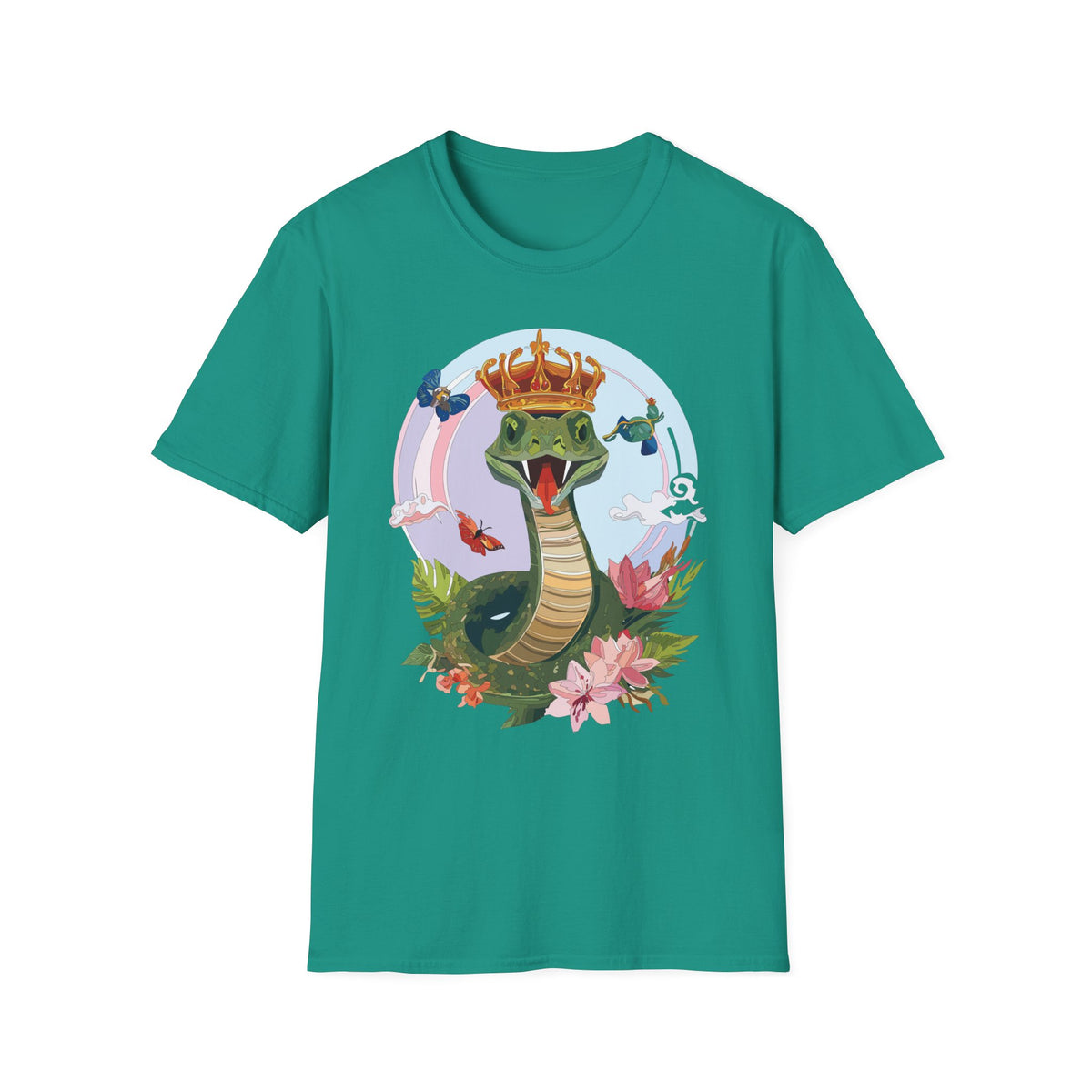 Crowned Snake Illustration T-Shirt | Regal Snake with Crown and Butterflies