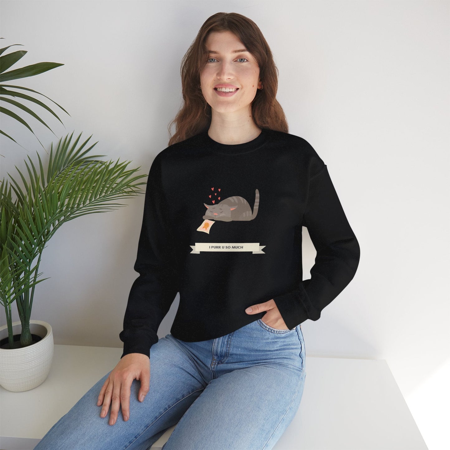 Cat Heart Sweatshirt Unisex 50/50 Cotton Poly Valentine Day Crewneck Gildan 18000