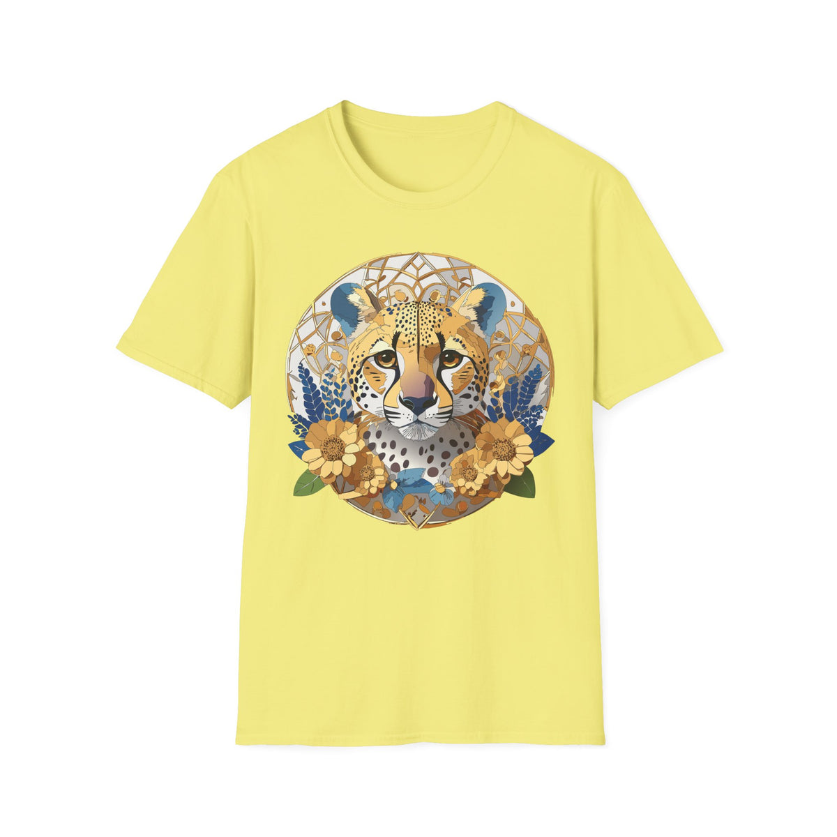 Golden Cheetah Mandala T-Shirt | Floral Boho Animal Illustration