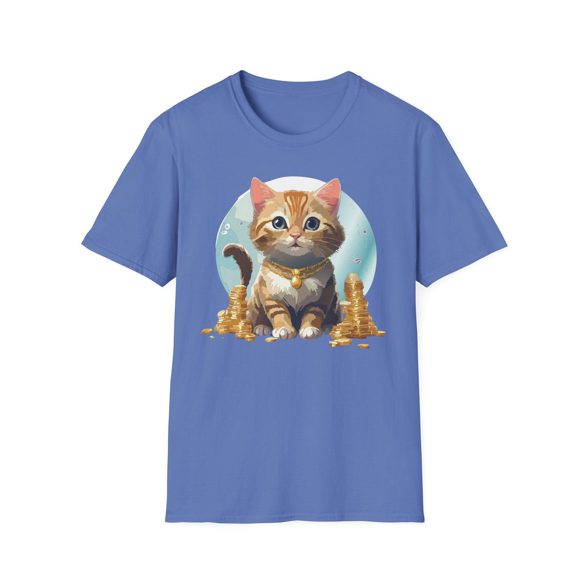 Lucky Cat Illustration T-Shirt | Cute Kitten with Coins