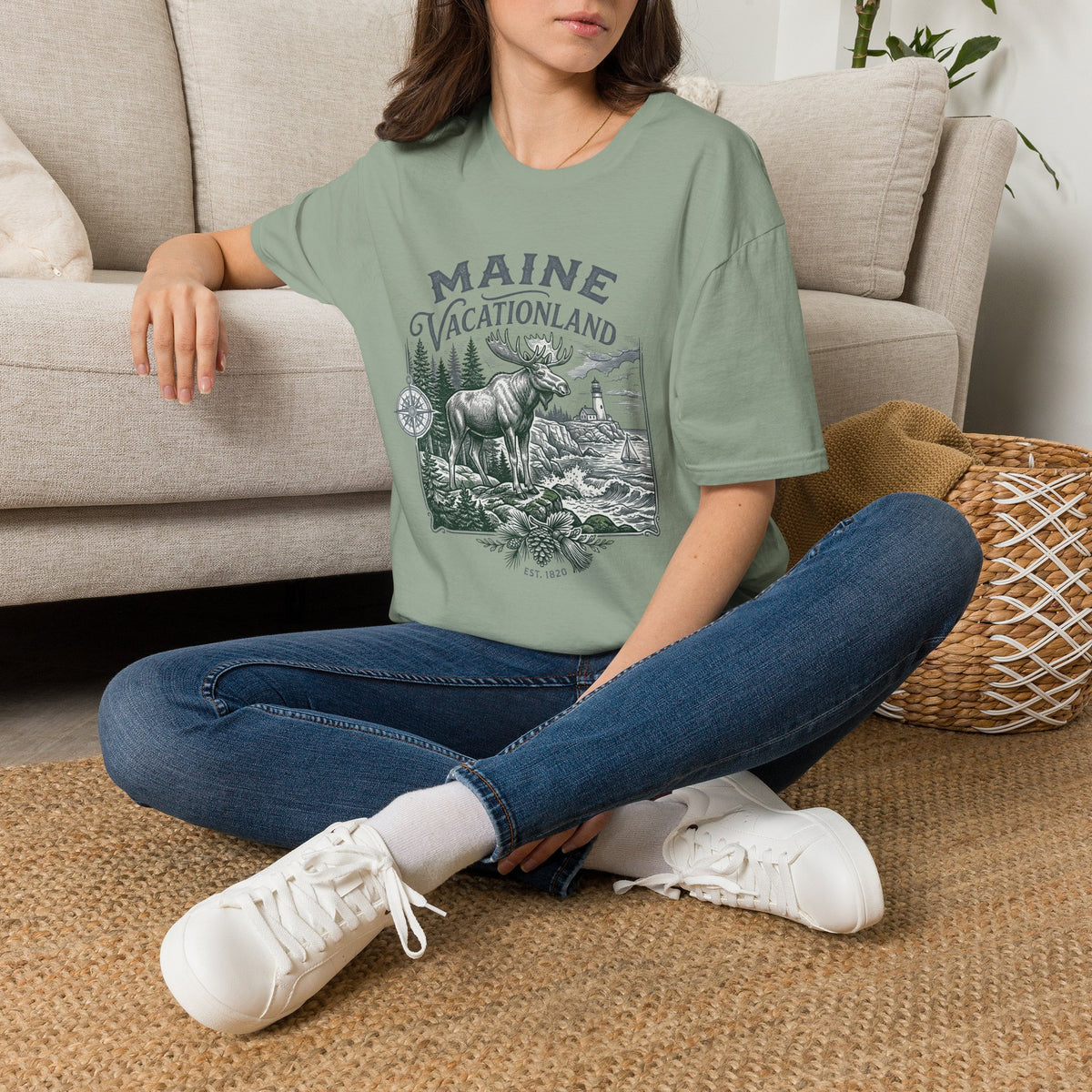 Maine Vacationland T-Shirt – Vintage Moose, Lighthouse State Travel Travel Tourist Graphic Design Unisex 100 Cotton Gildan T-Shirt