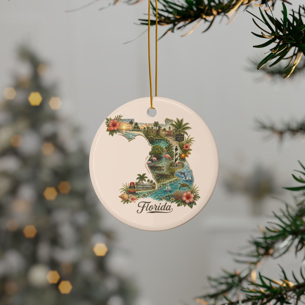 Florida state map floral illustration Ceramic Ornament - 2.99" Includes Gold String