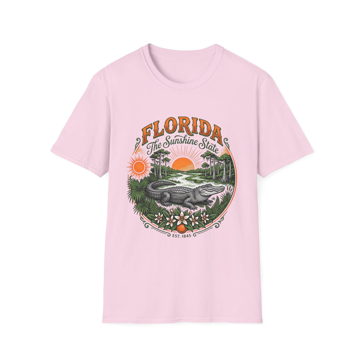 Florida The Sunshine State T-Shirt — Vintage Alligator Sunset Travel Tourist Graphic Design Unisex 100 Cotton Gildan T-Shirt