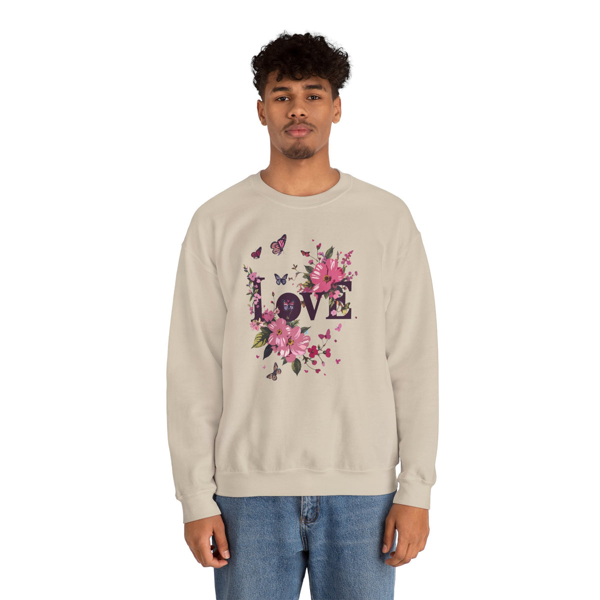 Unisex Floral Love Sweatshirt, Love Floral Sweatshirt, Floral Butterfly Sweatshirt, 50/50 Cotton-Poly Valentine's Day Sweatshirt 05
