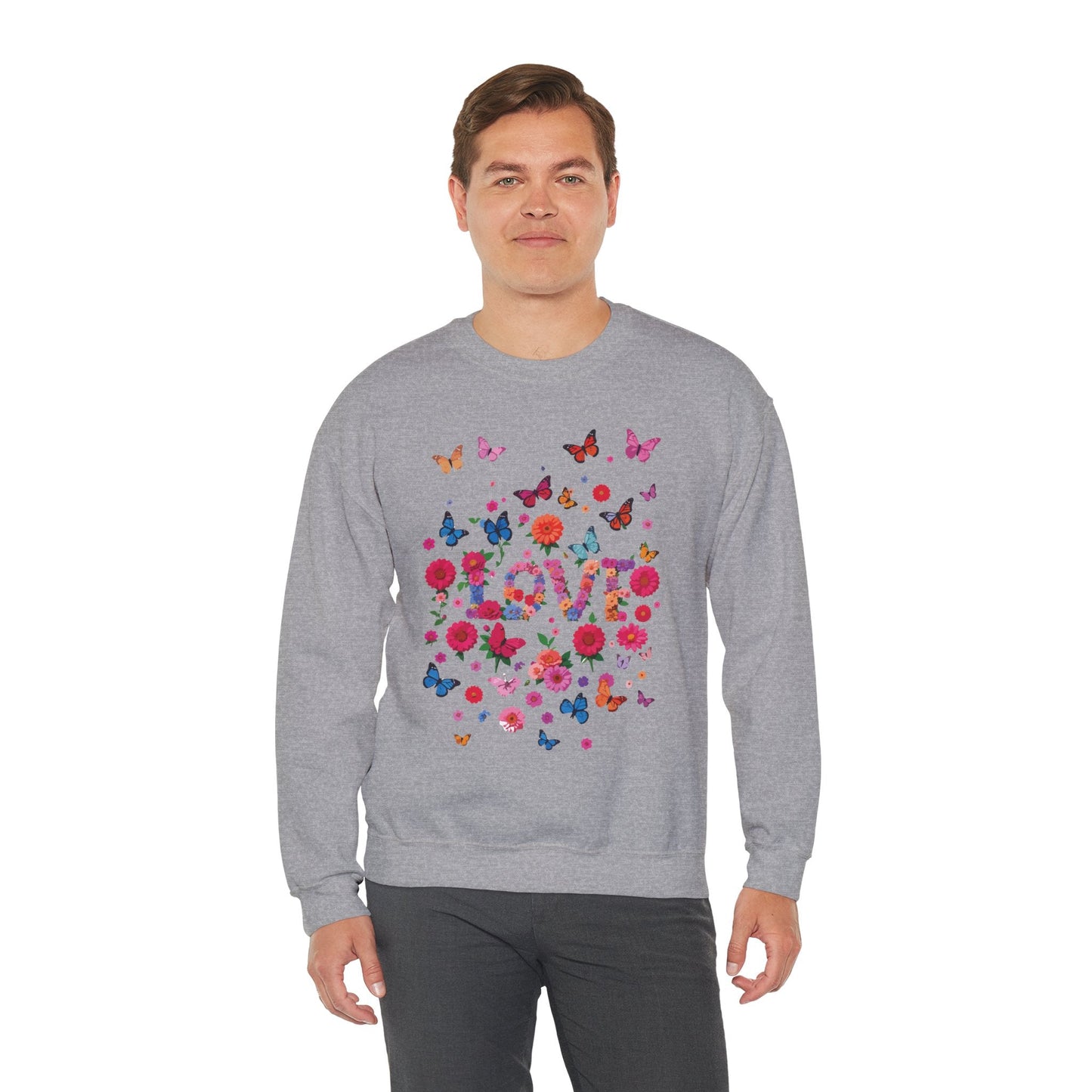 Unisex Floral Love Butterfly Sweatshirt Fifty Fifty Cotton Poly Valentine Day