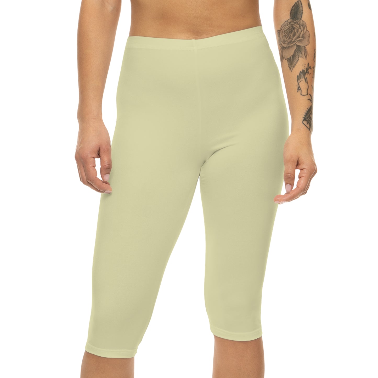 Pale Yellow Color Women's Brushed Suede Poly Span Casual Capri Leggings XS-2XL