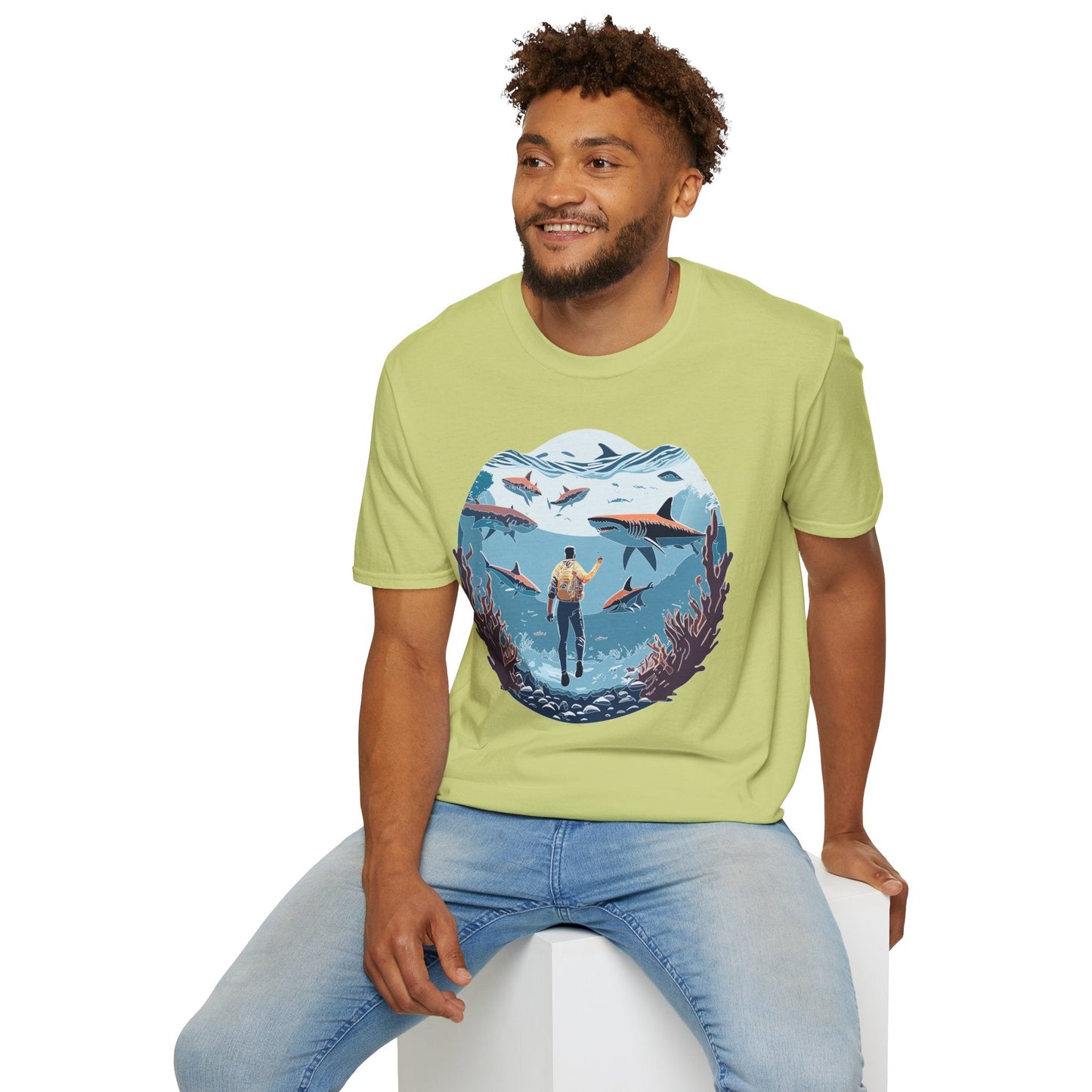 Ocean Theme Unisex Softstyle T Shirt 64000 Cotton Tee With Ocean Art Design Breathable