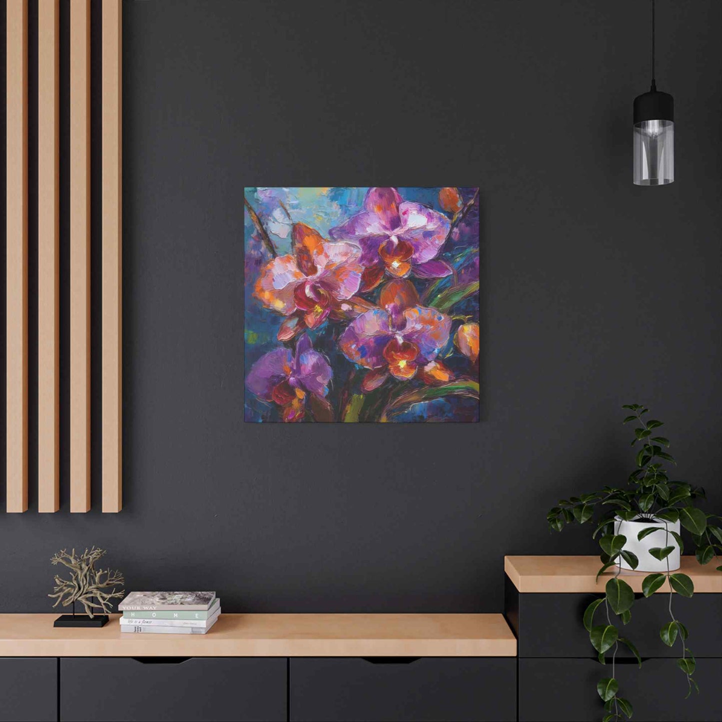 Purple Orchids Print Canvas, Floral Oil Paint Print 20x20, 24x24, 30x30, 32x32, 36x36 Art Design Pine-Wood Inner Frame MC-132