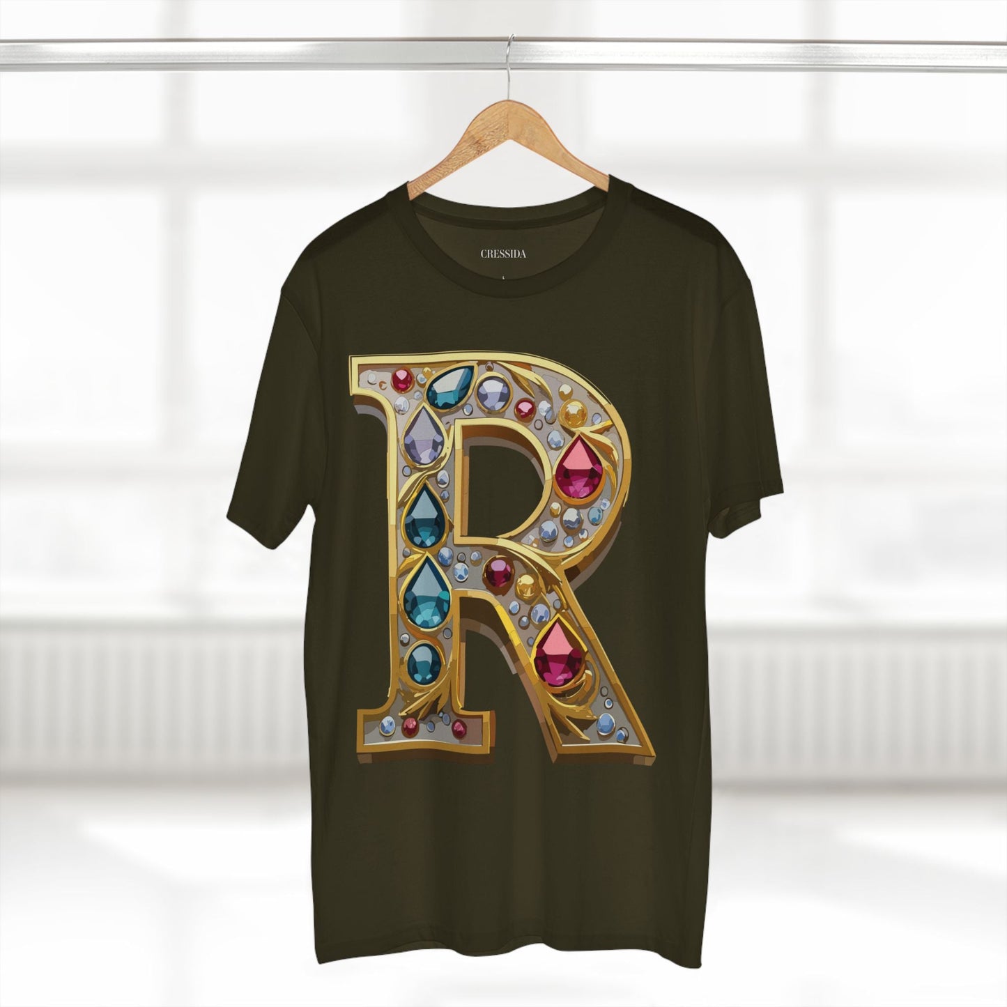 Letter R Graphic Design Tee Unisex 100 Cotton With Antique Gold Letters Artwork T-Shirt