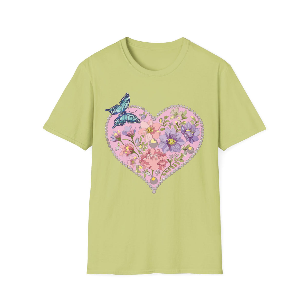 Floral Heart with Butterfly T-Shirt | Botanical Heart Graphic Tee Unisex 100 Cotton Gildan T-Shirt