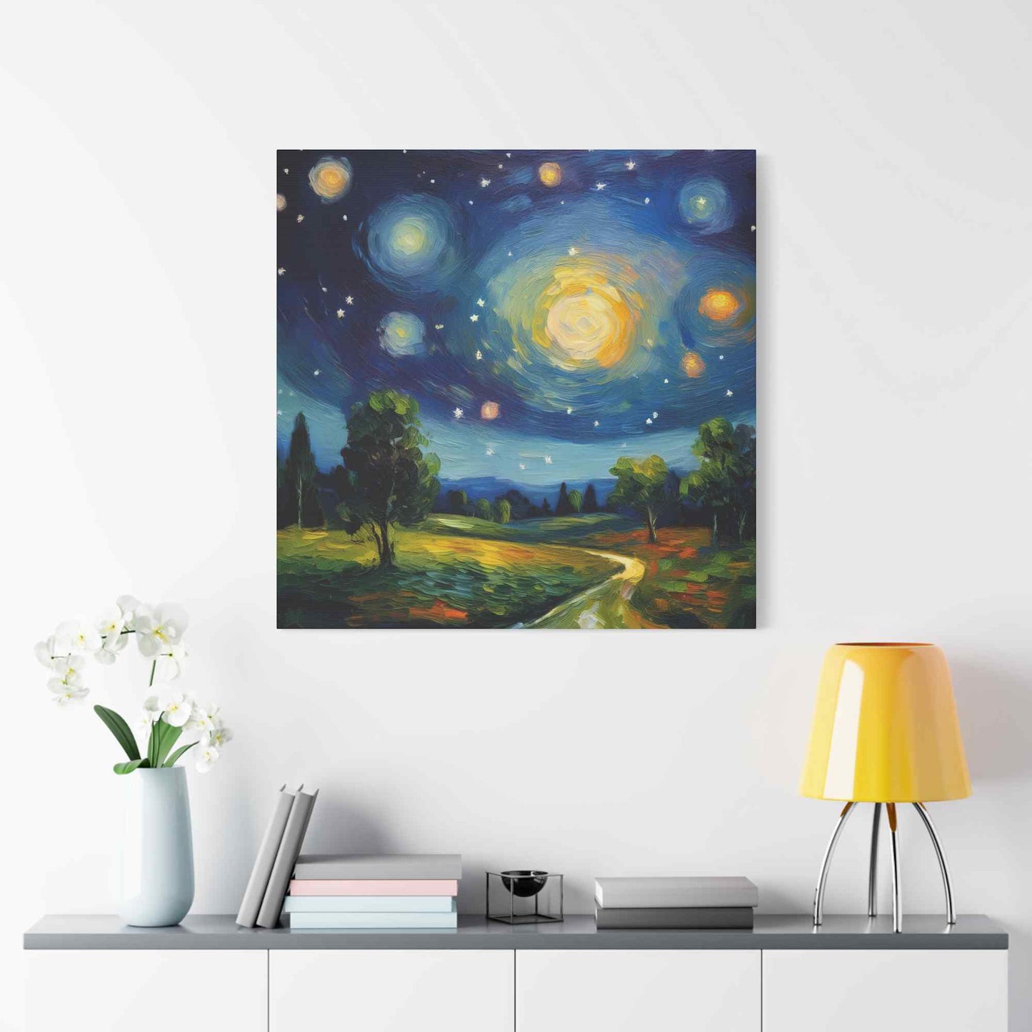 Starry Night Print Canvas, Oil Paint Print 20x20, 24x24, 30x30, 32x32, 36x36 Art Design Print Pine-Wood Inner Frame MC-40