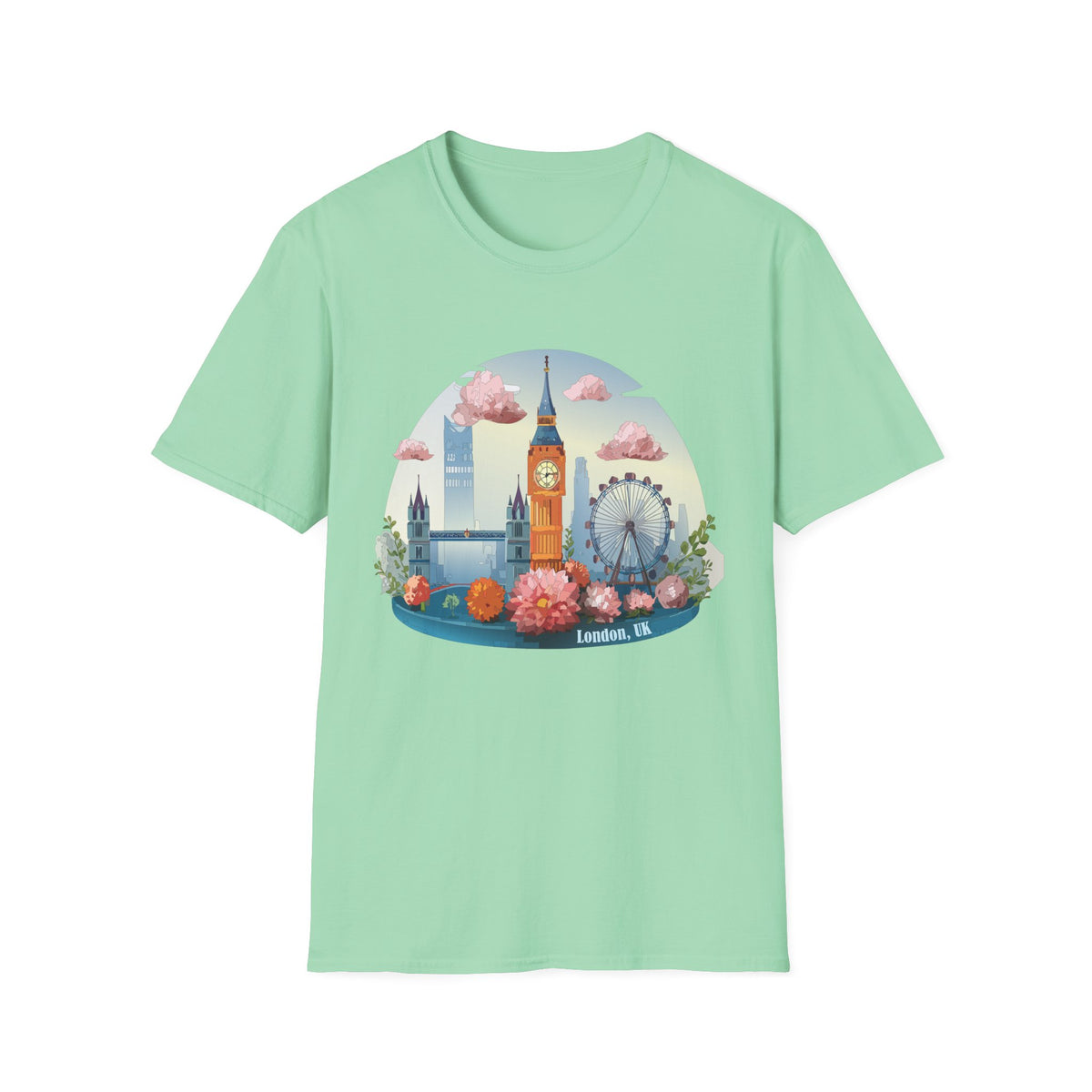 Whimsical London Skyline T-Shirt | Big Ben, London Eye, pastel clouds