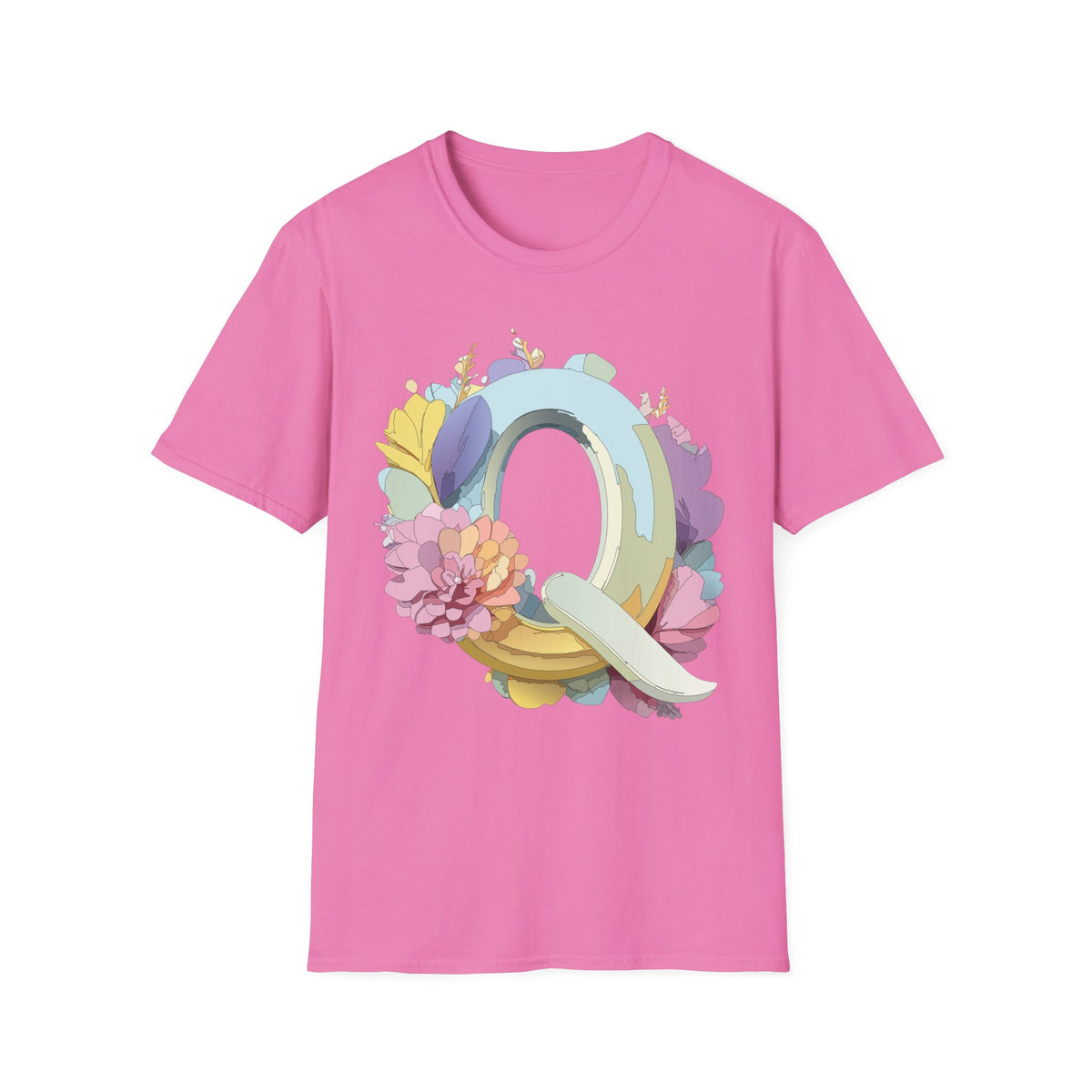 Floral Letter Q T-Shirt | Pastel Monogram Tee, Botanical Initial Shirt