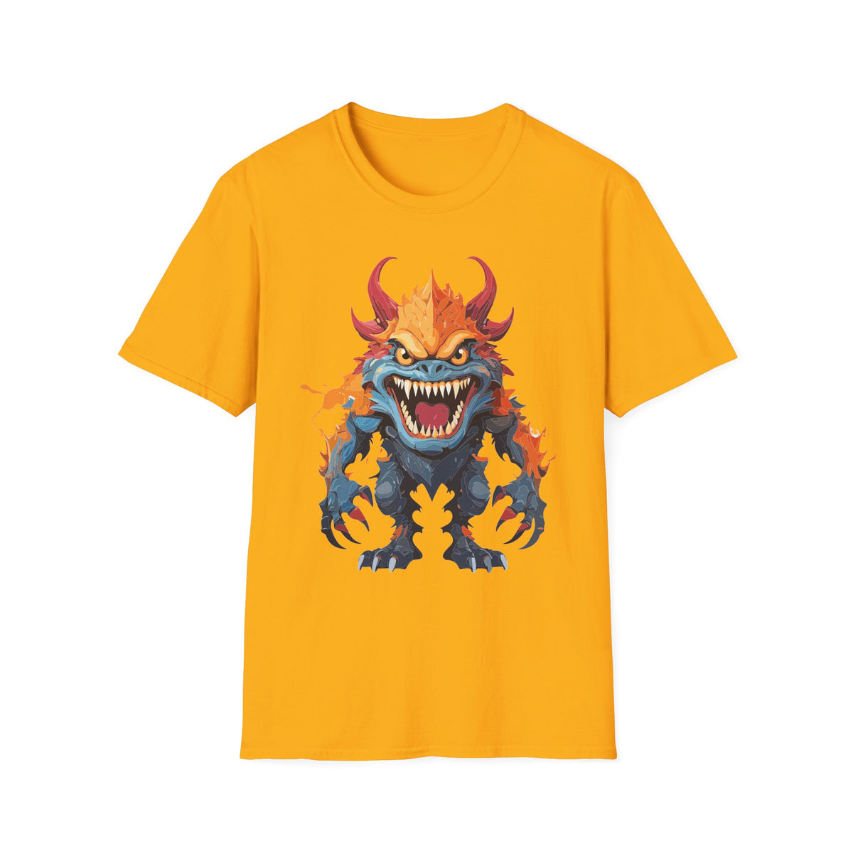 Monster T-Shirt — Fiery Demon Creature Cartoon Graphic Tee Unisex 100 Cotton Gildan T-Shirt