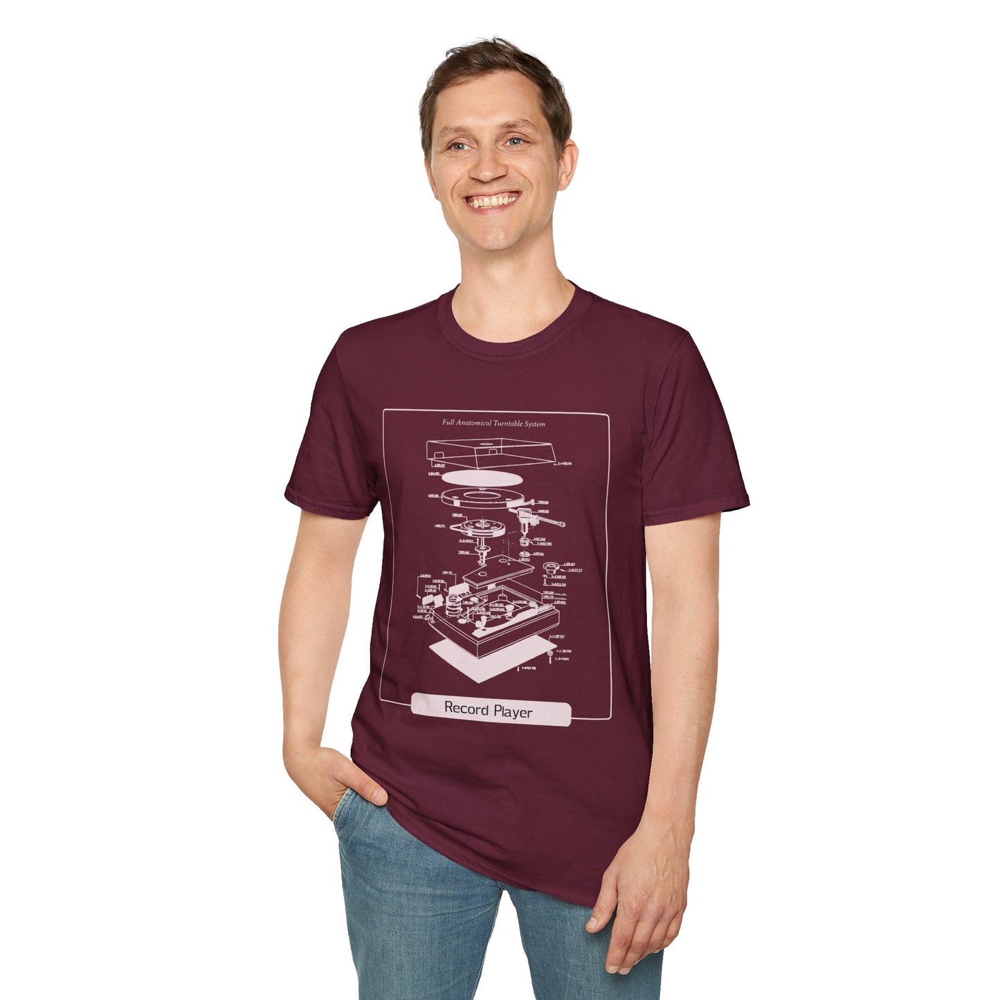 Record Player Blueprint T-Shirt Unisex Cotton Retro Vinyl Turntable Diagram Tee