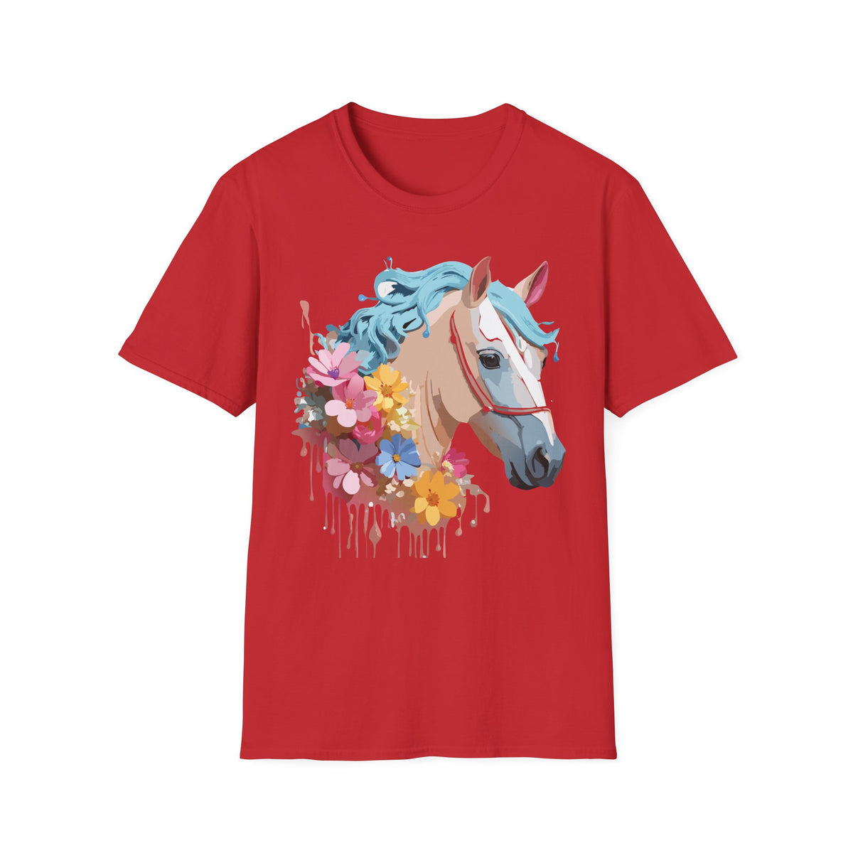 Floral Horse Illustration T-Shirt | Pastel Blue Mane, Watercolor Flowers