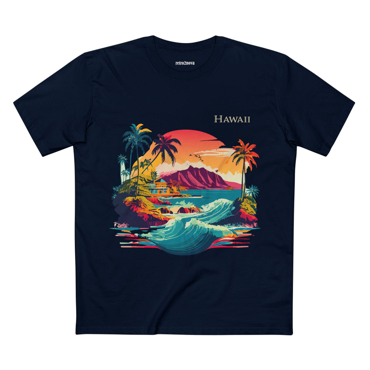 Hawaii Retro Sunset Surf Scene Tee | Palm Trees, Waves, Island Graphic