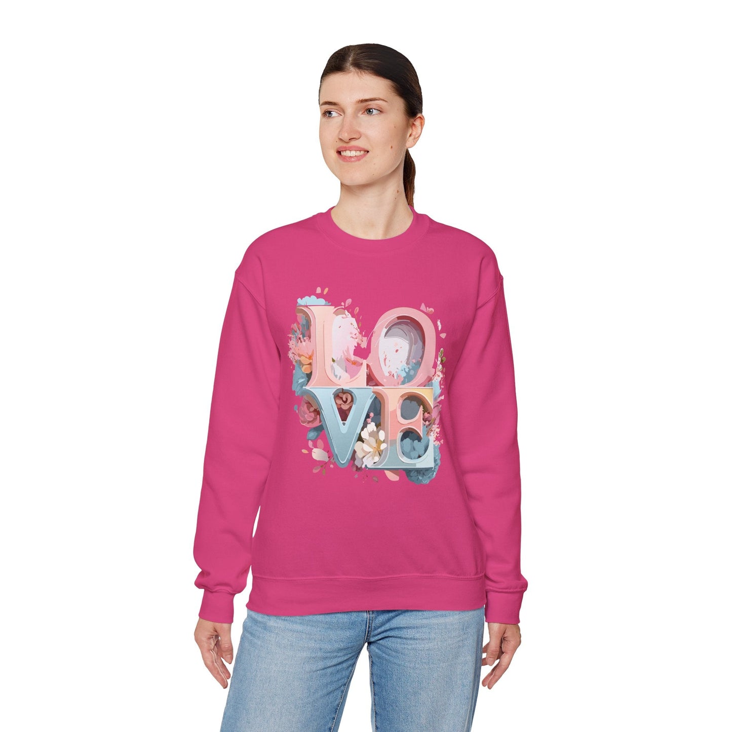 Floral Love Sweatshirt Unisex Crewneck Valentine Day Gift Gildan 18000 Fifty Fifty Cotton Blend