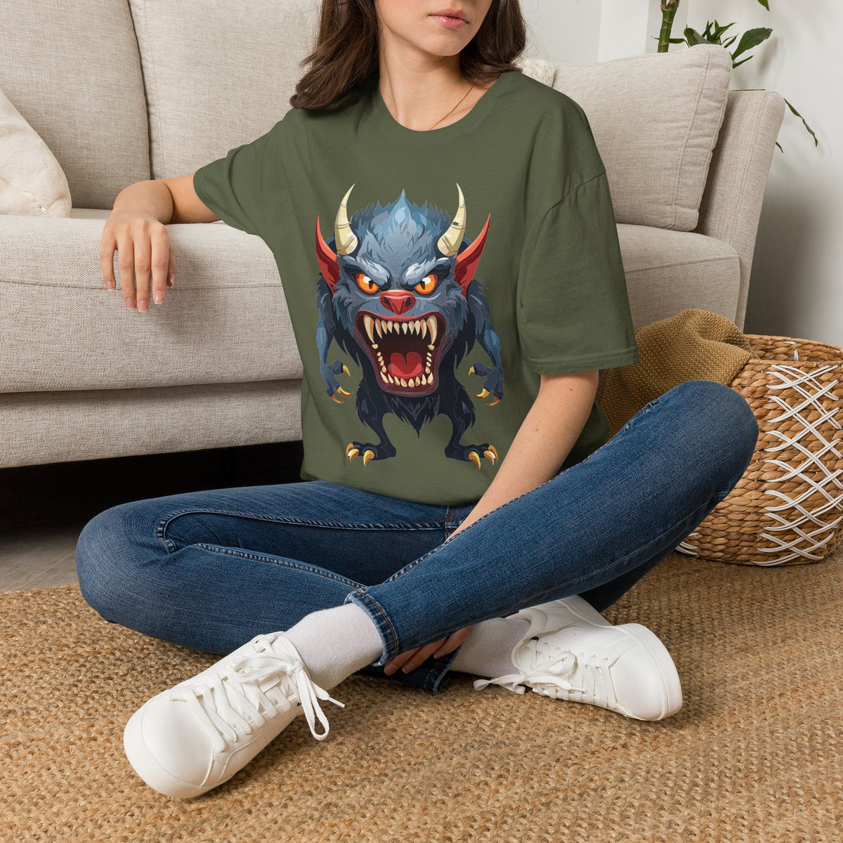 Werewolf Monster T-Shirt — Fierce Demon Face for Halloween Cartoon Graphic Tee Unisex 100 Cotton Gildan T-Shirt