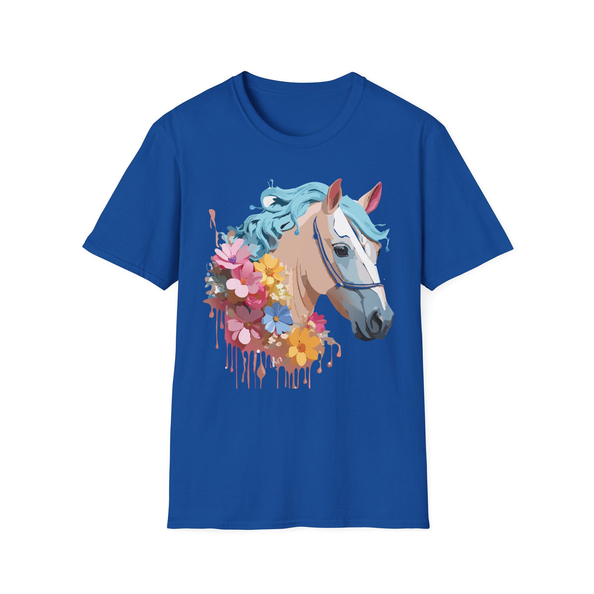 Floral Horse Illustration T-Shirt | Pastel Blue Mane, Watercolor Flowers