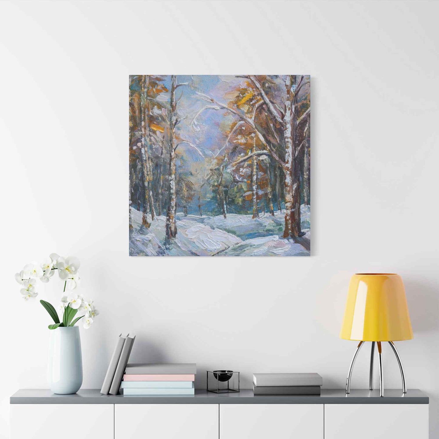 Snow Forest Print Canvas, Oil Paint Print 20x20, 24x24, 30x30, 32x32, 36x36 Art Design Print Pine-Wood Inner Frame MC-80