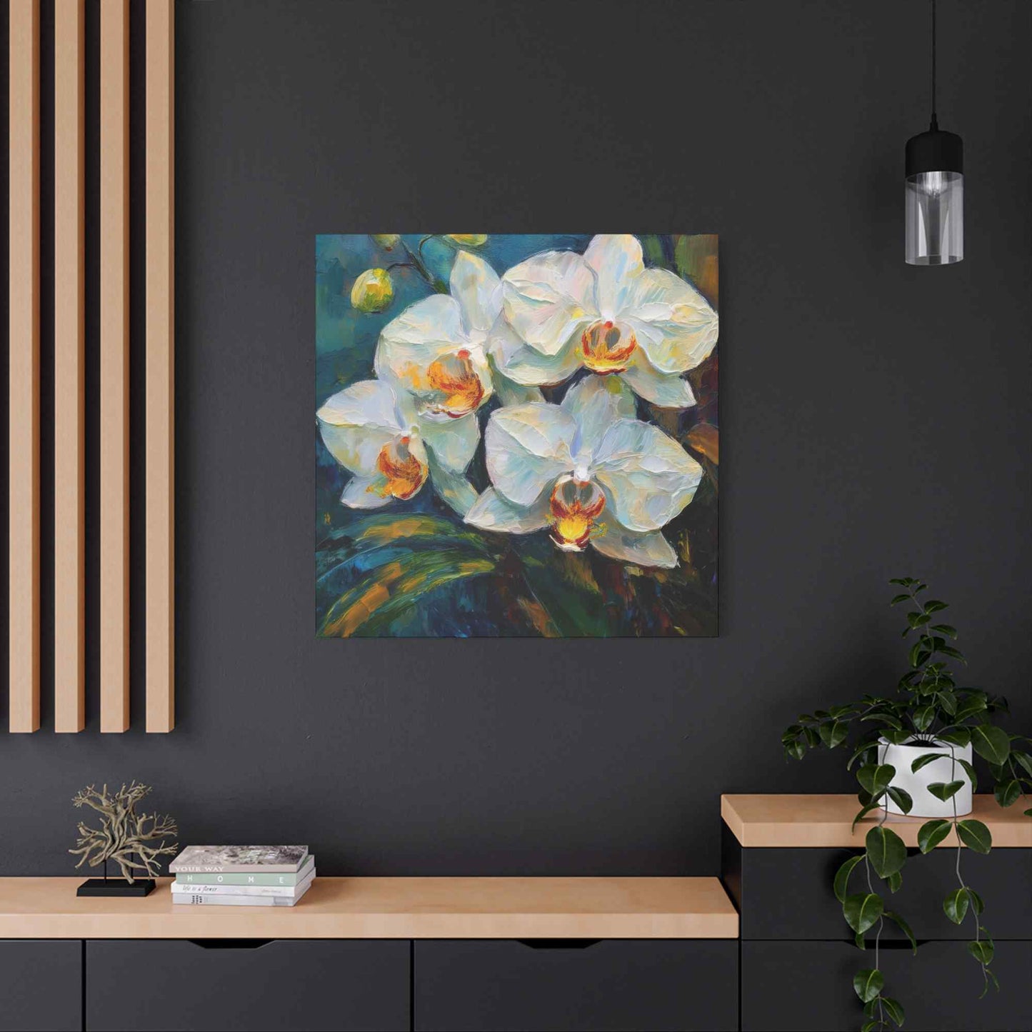 White Orchids Print Canvas, Floral Oil Paint Print 20x20, 24x24, 30x30, 32x32, 36x36 Art Design Pine-Wood Inner Frame MC-135