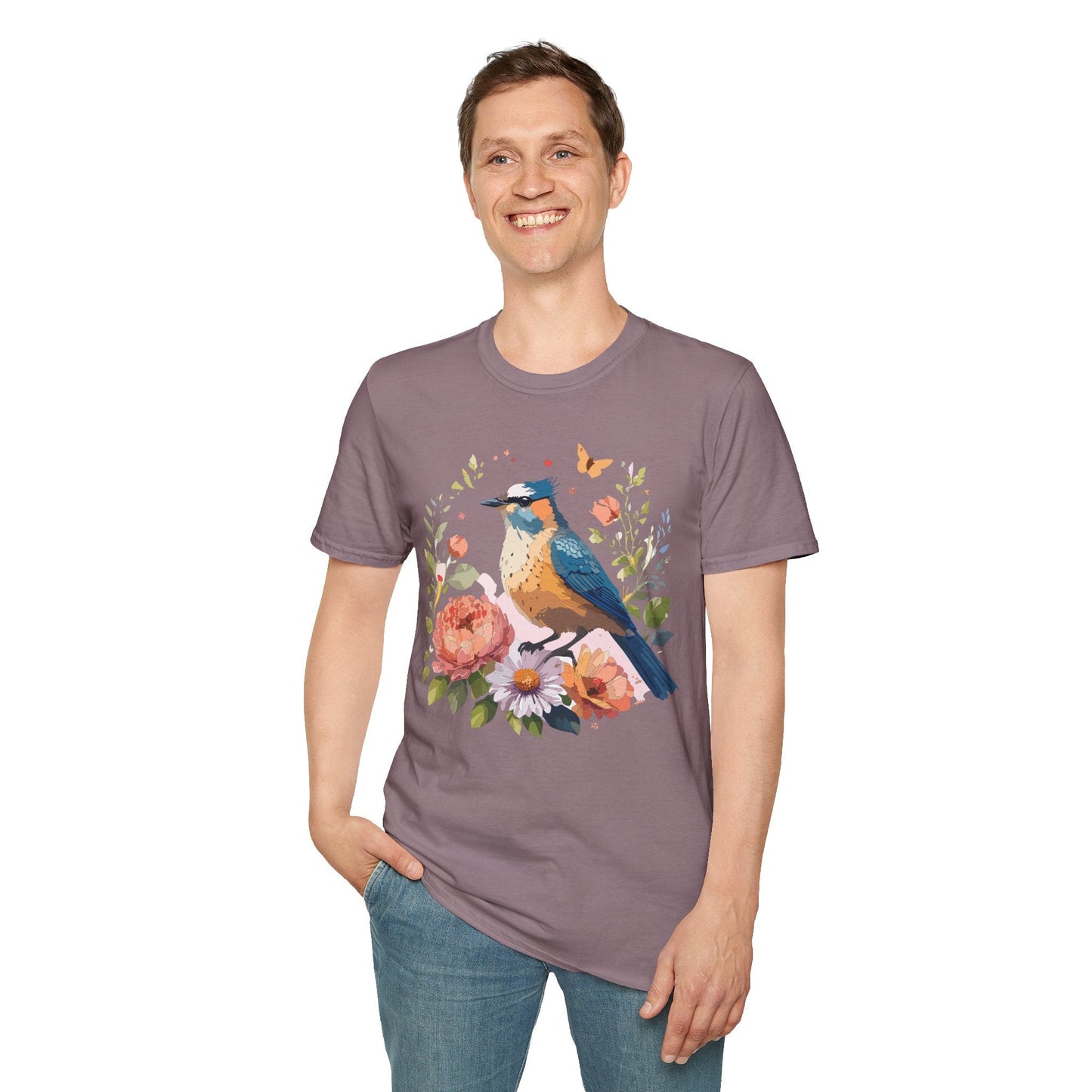 Floral Bird T Shirt Unisex Softstyle Gildan 64000 Tee 100 Percent Ring Spun Cotton