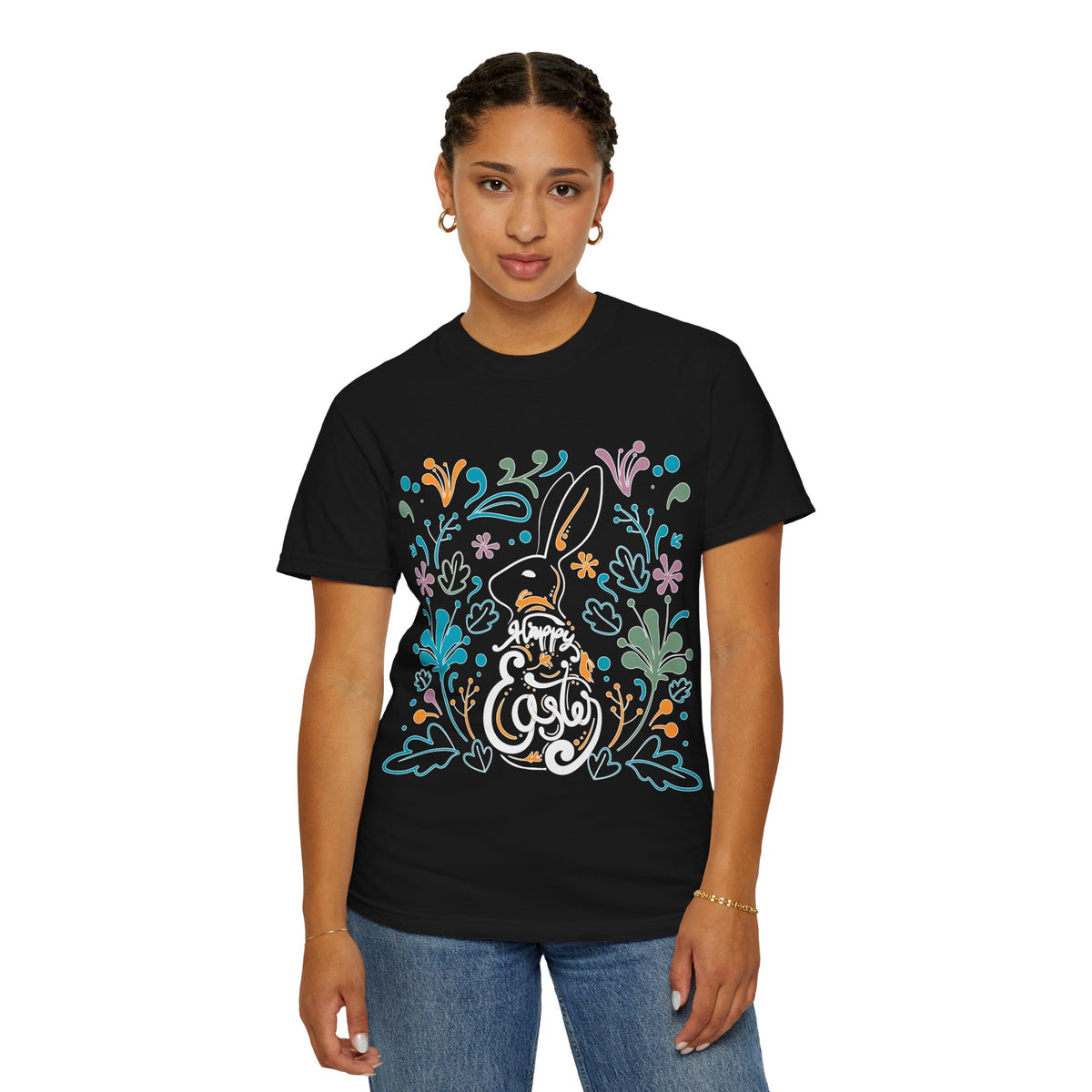 Easter Bunny Floral T-Shirt, Tee Shirt with Easter Signature, T Shirt with Easter Prints, Tee Shirt with Easter Design