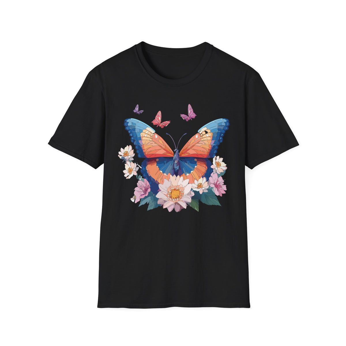 Butterfly Floral T-Shirt – Vibrant Orange & Blue Butterfly with Flowers Graphic Tee Unisex 100 Cotton Gildan T-Shirt