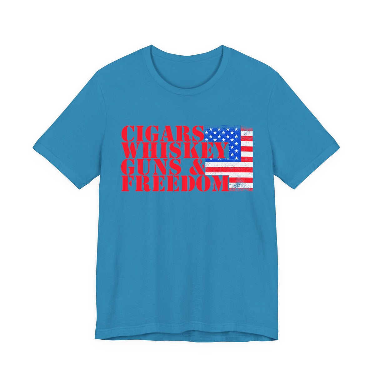 Cigars Whiskey Guns Freedom T-Shirt American Flag Text Graphic Unisex Cotton a2