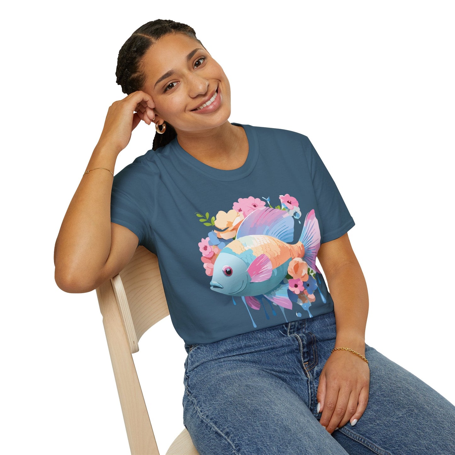 Fish Art Design Graphic Tee Unisex Short Sleeve T Shirt With Fish Artwork Premium Cotton
