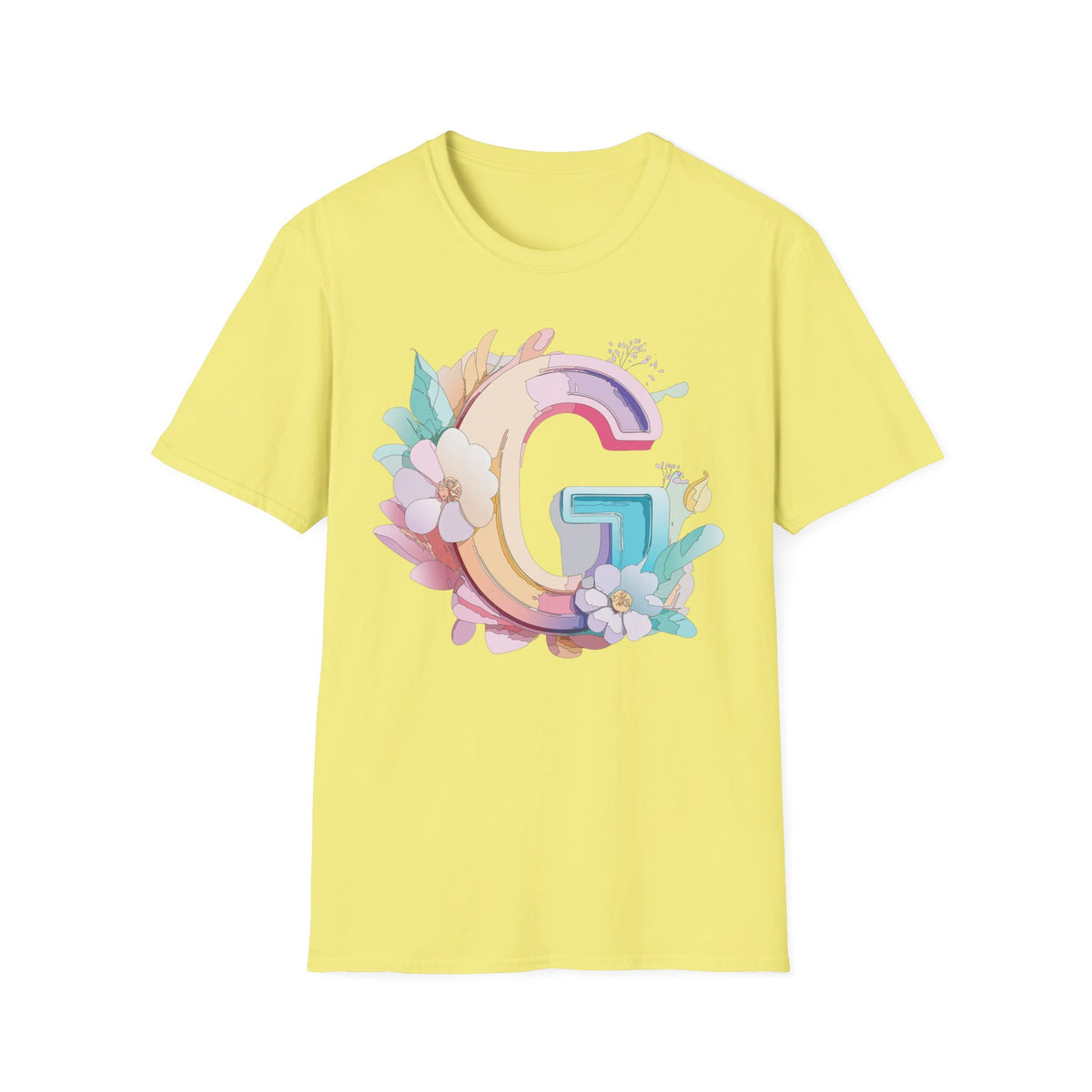 Floral Letter G T-Shirt | Monogram Initial Tee, Pastel Rainbow Blooms