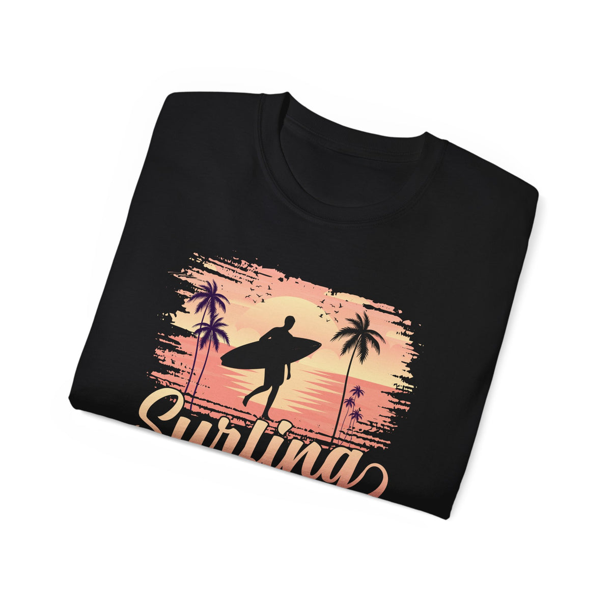 Surfing Silhouette Sunset T-Shirt | Palm Trees, Retro Wave Graphic
