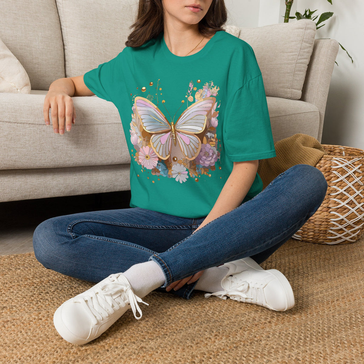 Pastel Butterfly Floral T-Shirt — Gold Accent Butterfly Graphic Design Unisex 100 Cotton Gildan T-Shirt