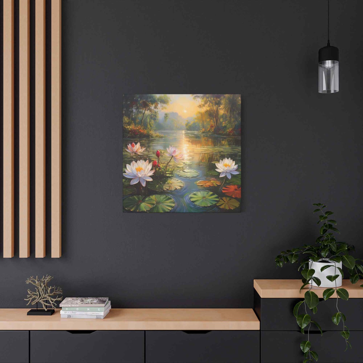 Water Lilies Print Canvas, Oil Paint Print 20x20, 24x24, 30x30, 32x32, 36x36 Floral Art Print Pine-Wood Inner Frame MC-65