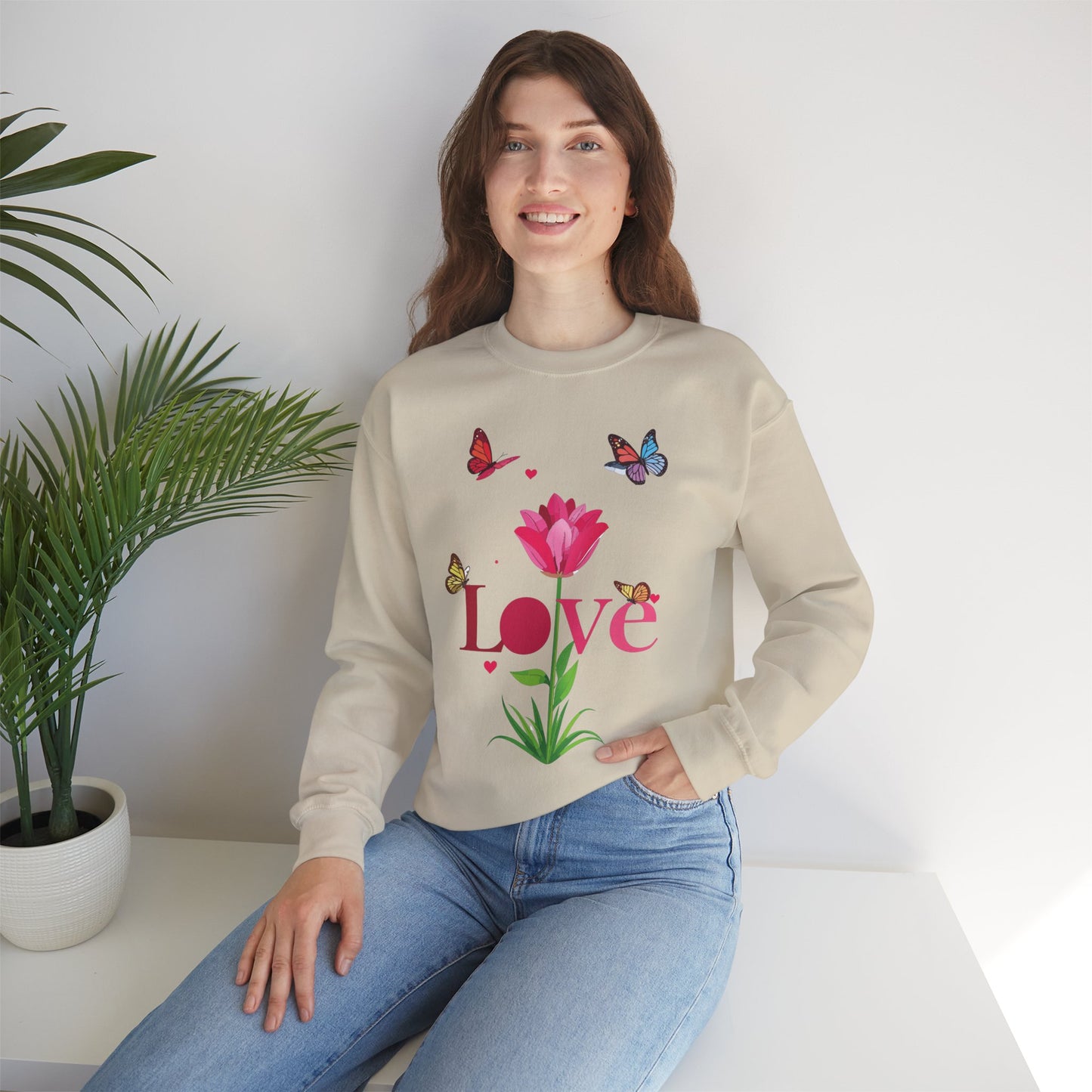 Unisex Floral Love Sweatshirt, Love Floral Sweatshirt, Floral Butterfly Sweatshirt, 50/50 Cotton-Poly Valentine's Day Sweatshirt 02