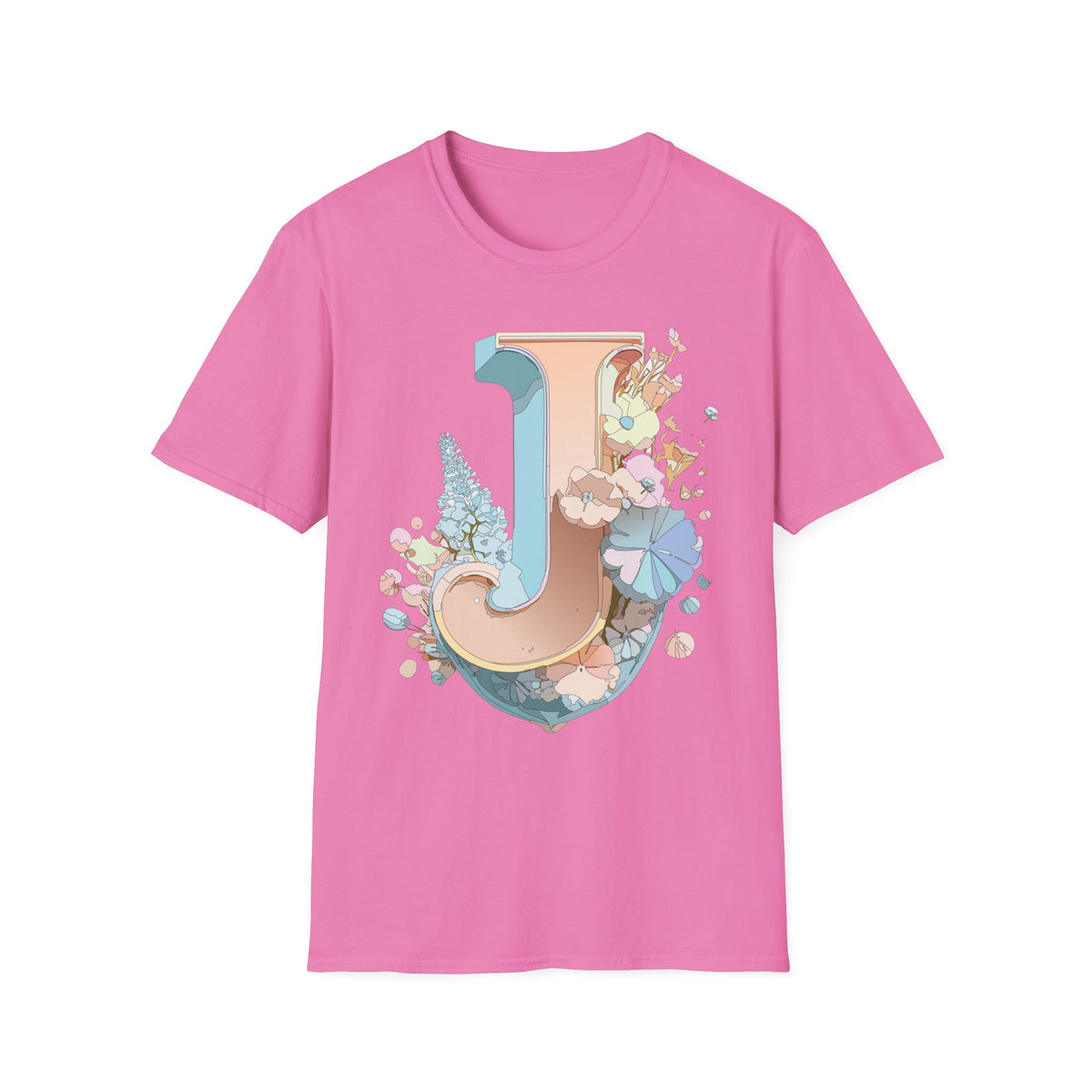 Floral Letter J T-Shirt | Monogram Initial Tee, Pastel Botanical Typography