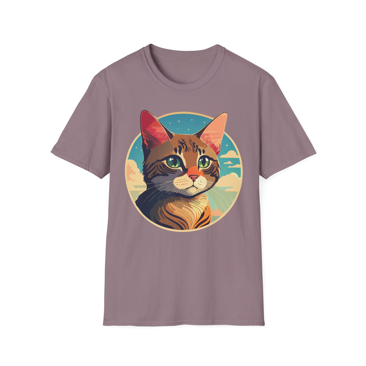 Retro Sunset Tabby Cat T-Shirt | Vintage Cat Portrait, Nautical Sky