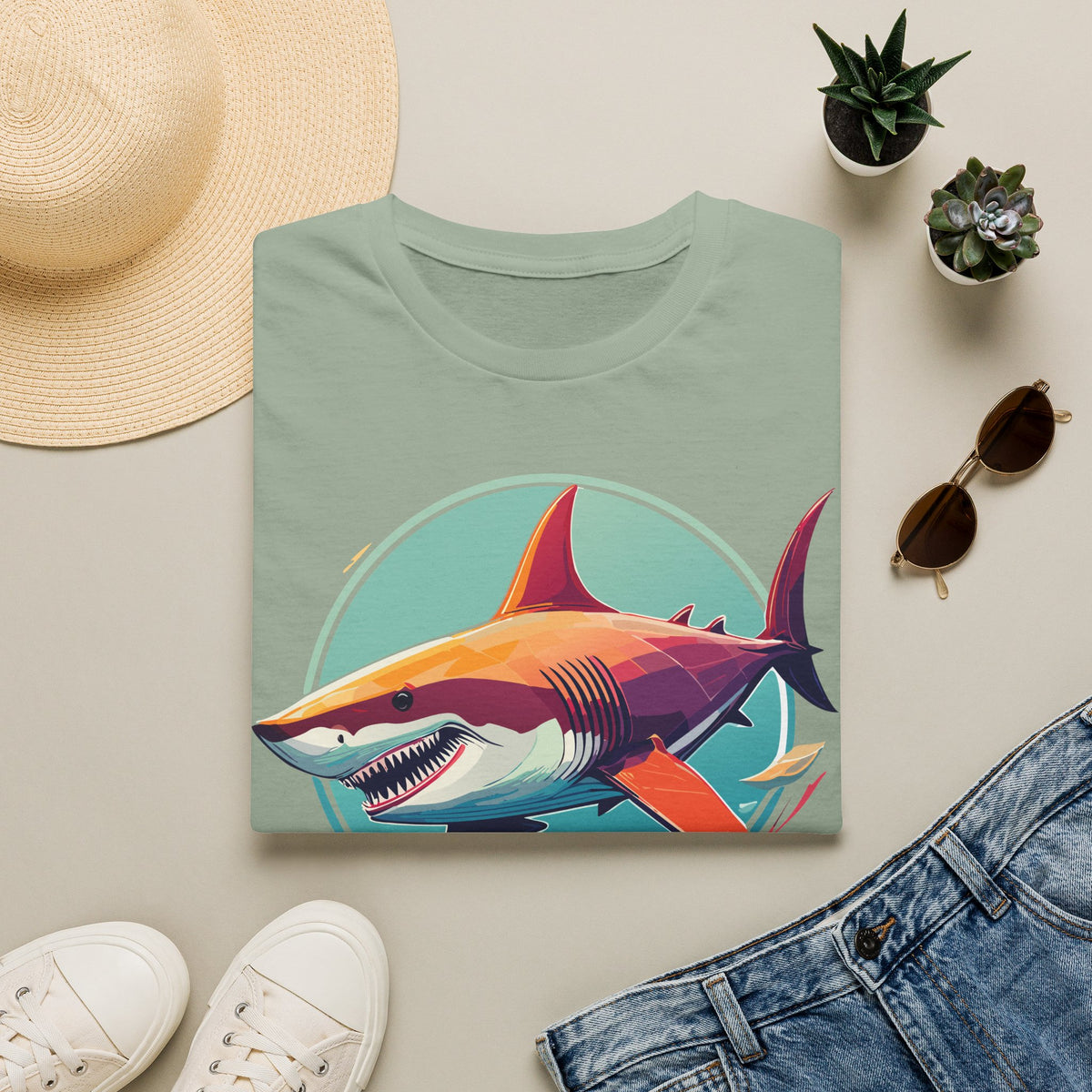 Colorful Great White Shark Illustration T-Shirt | Ocean Retro Graphic