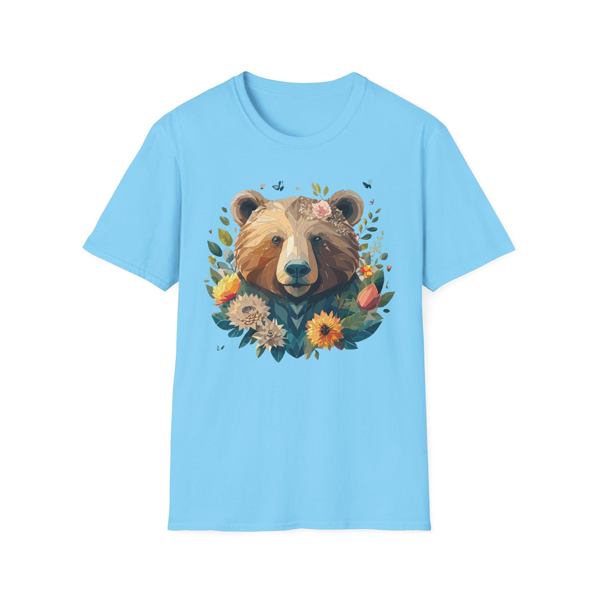 Floral Bear Illustration T-Shirt | Bear Face with Flowers