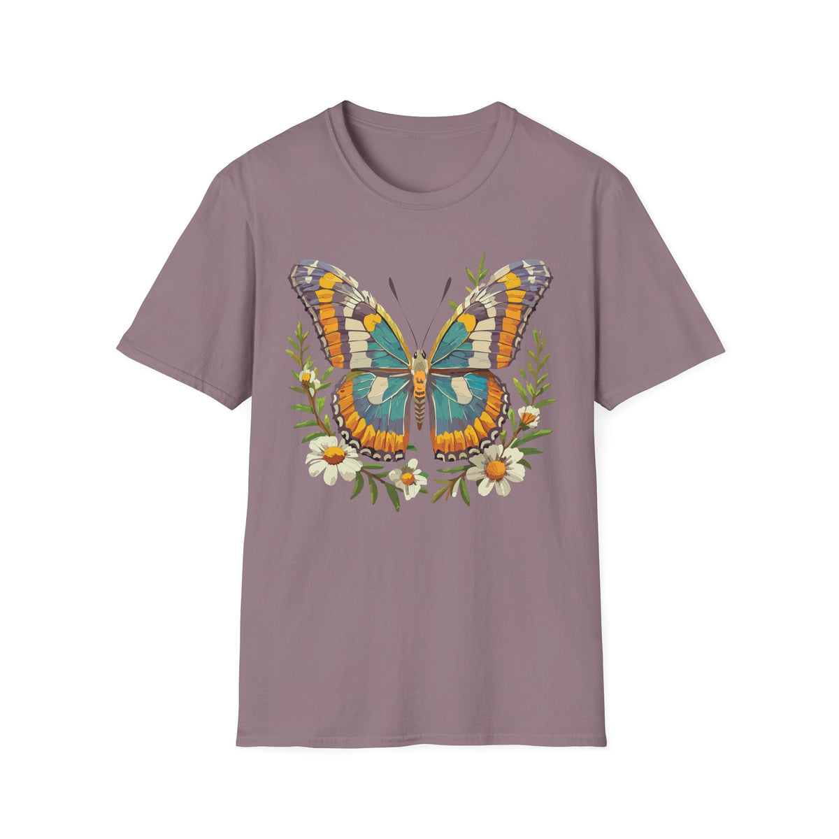 Teal Orange Butterfly T-Shirt | Floral Butterfly Illustration Graphic Tee Unisex 100 Cotton Gildan T-Shirt