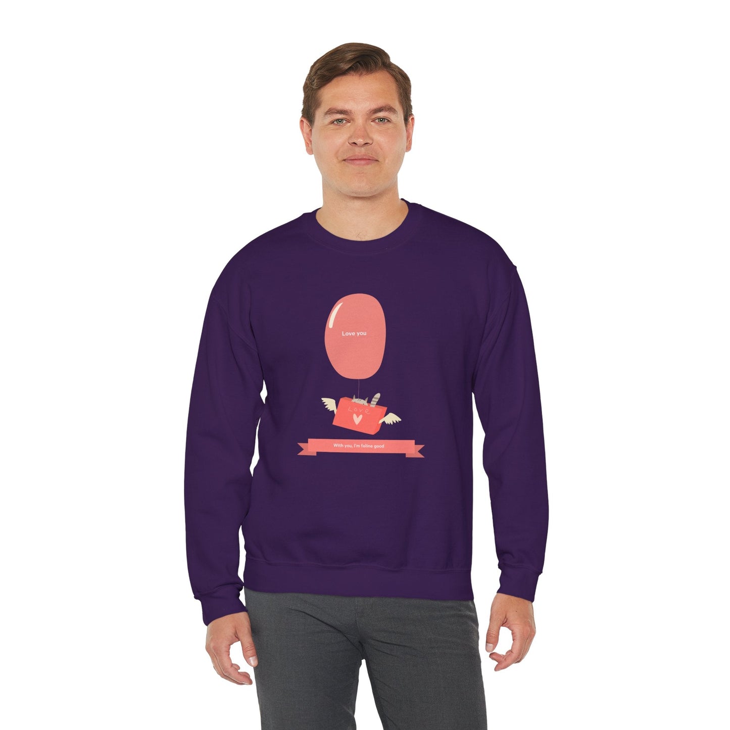 Cat Love Balloon Sweatshirt Unisex Fifty Fifty Cotton Poly Valentine Heavy Blend Crewneck Sweatshirt