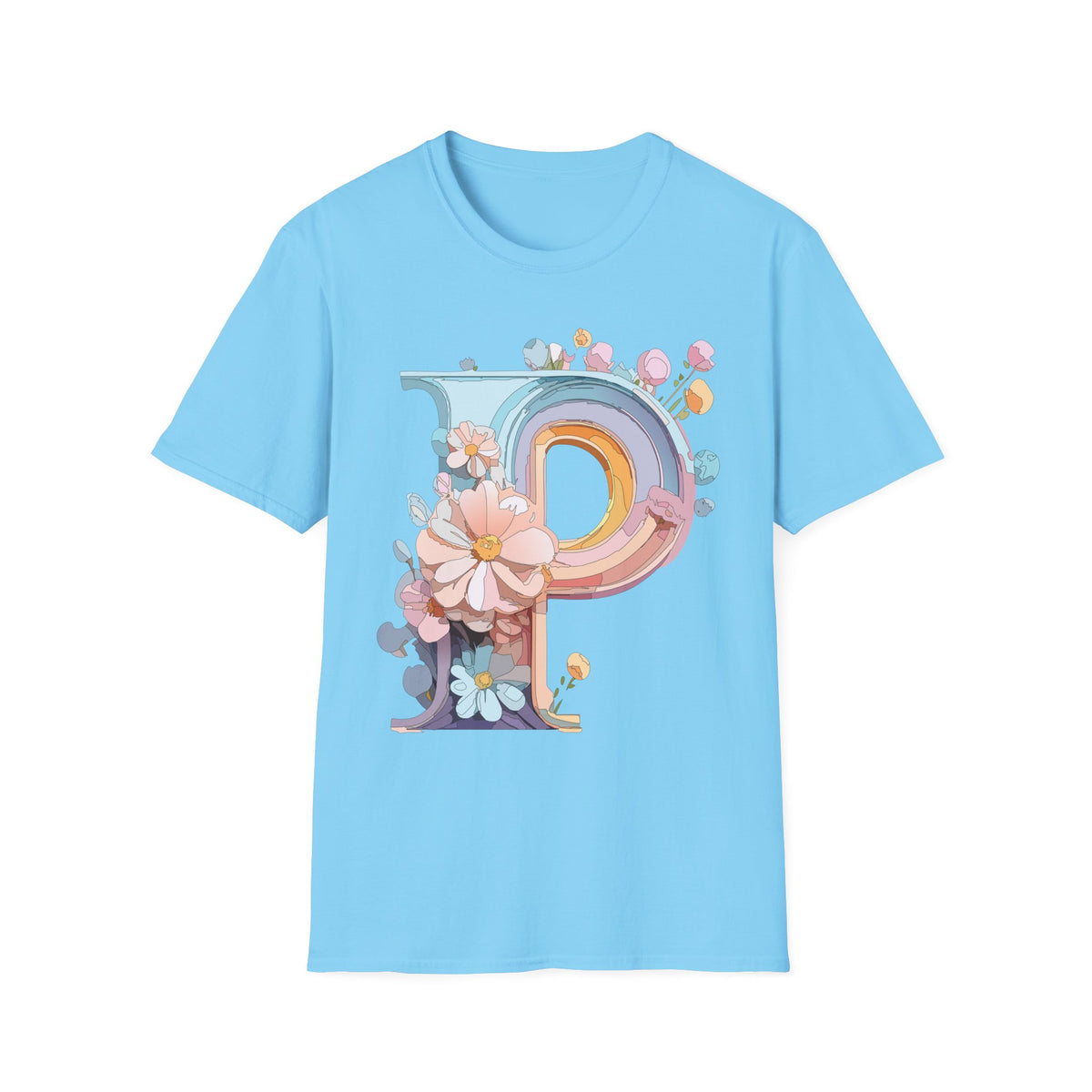Floral Letter P T-Shirt | Pastel Rainbow Monogram Tee
