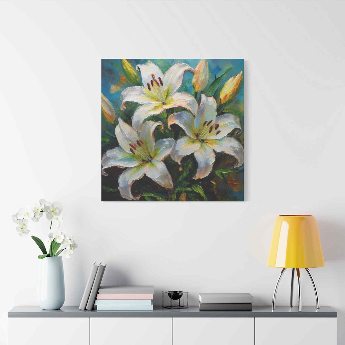 White Lilies Print Canvas, Floral Oil Paint Print 20x20, 24x24, 30x30, 32x32, 36x36 Art Design Pine-Wood Inner Frame MC-154