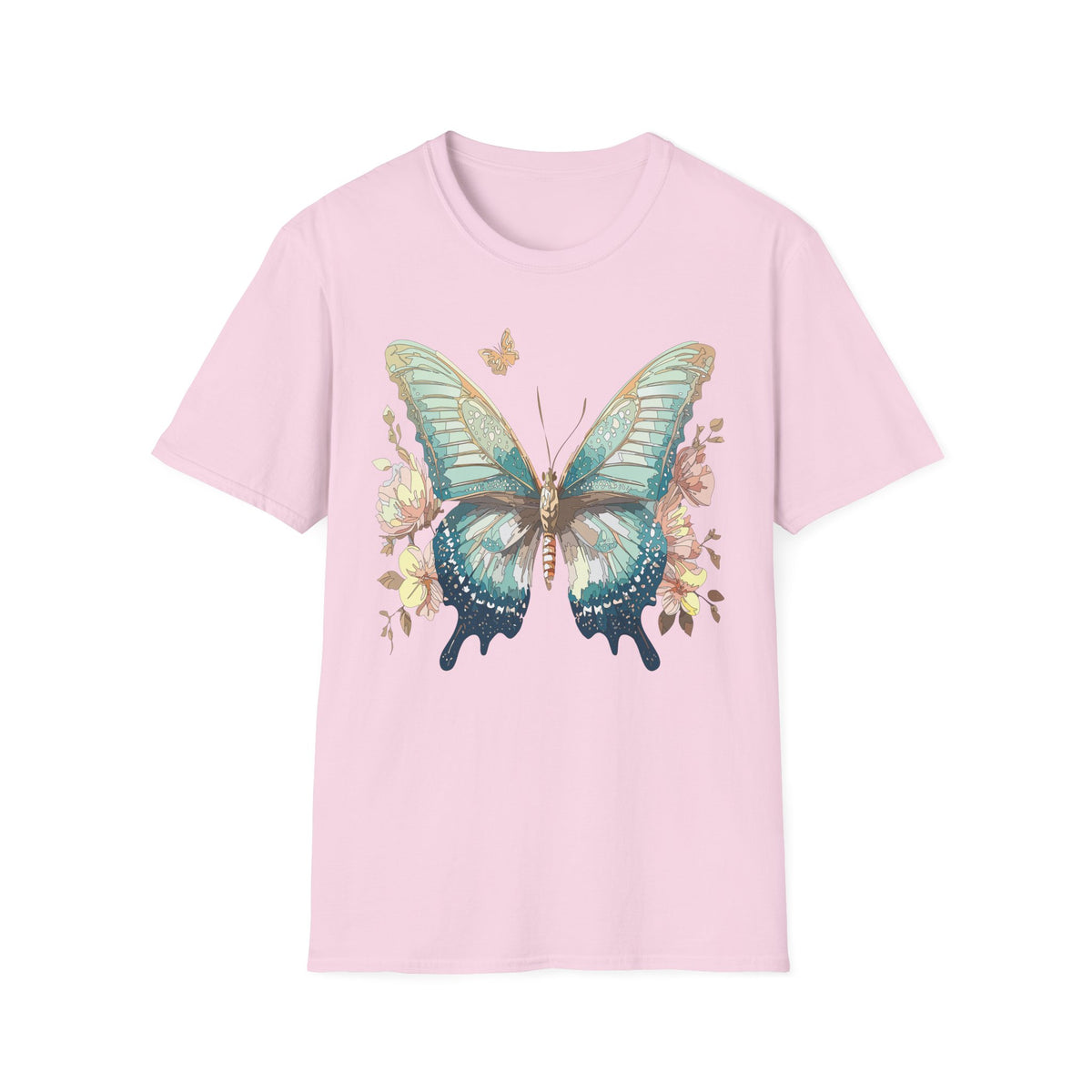 Teal Watercolor Butterfly T-Shirt | Floral Accent, Boho Nature Graphic Tee Unisex 100 Cotton Gildan T-Shirt
