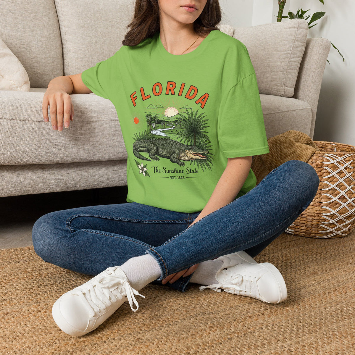Florida Alligator Graphic T-Shirt — The Sunshine State Vintage Design Travel Tourist Graphic Design Unisex 100 Cotton Gildan T-Shirt