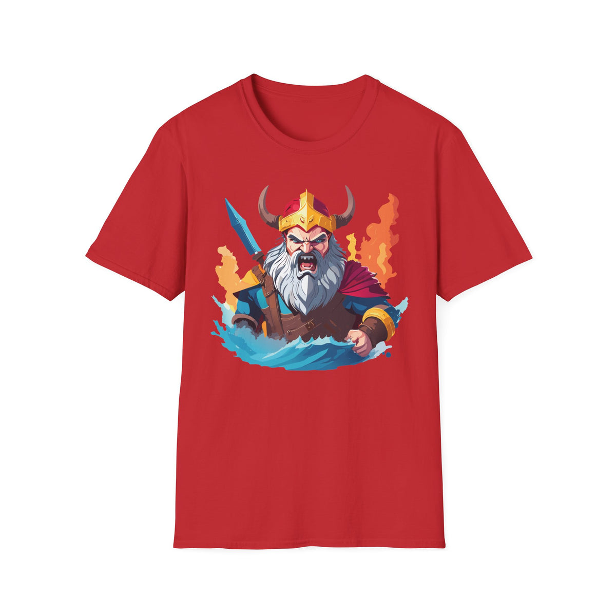 Viking Warrior Illustration T-Shirt | Horned Helmet, Sword, Flames