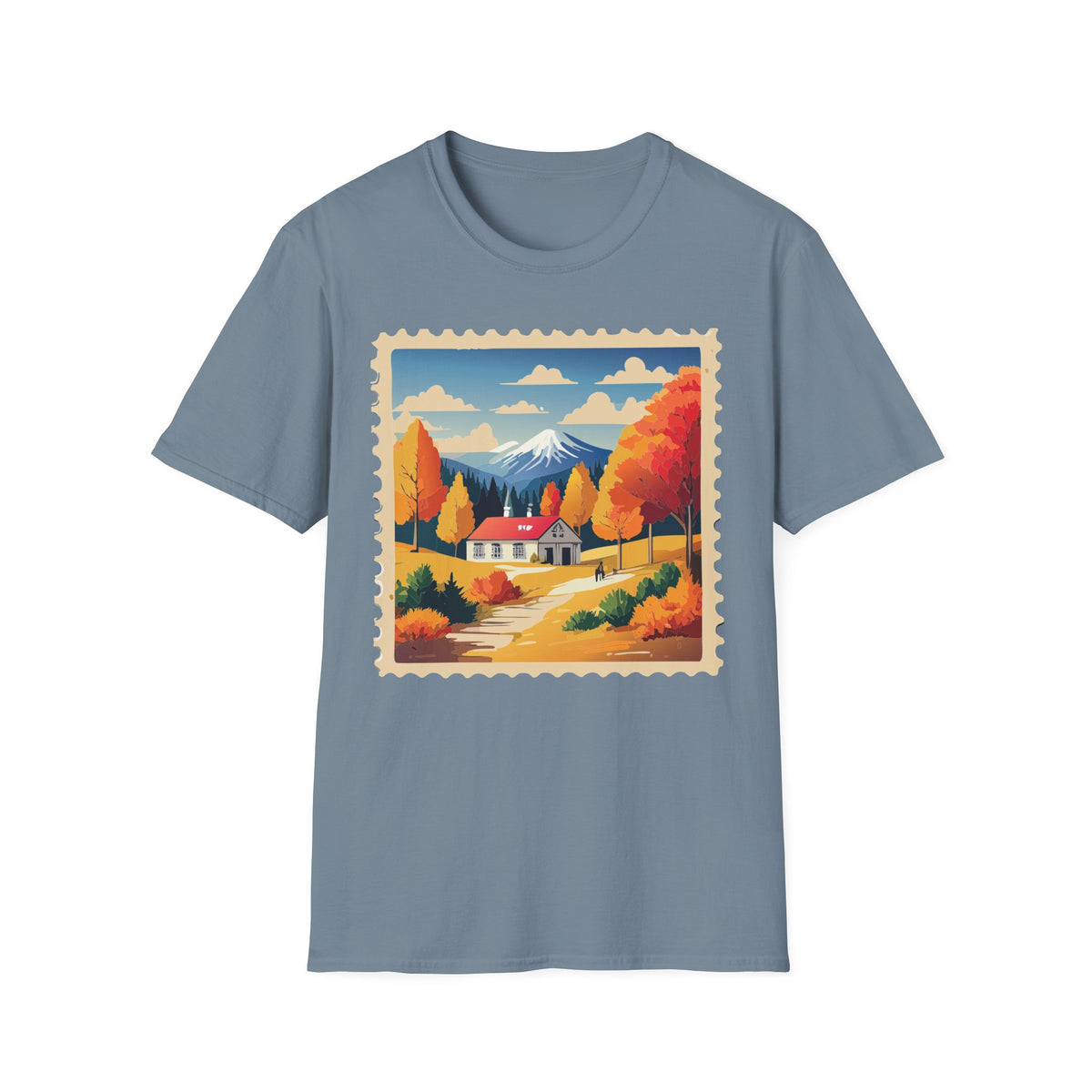Autumn Mountain Cabin T-Shirt | Fall Landscape Stamp Art