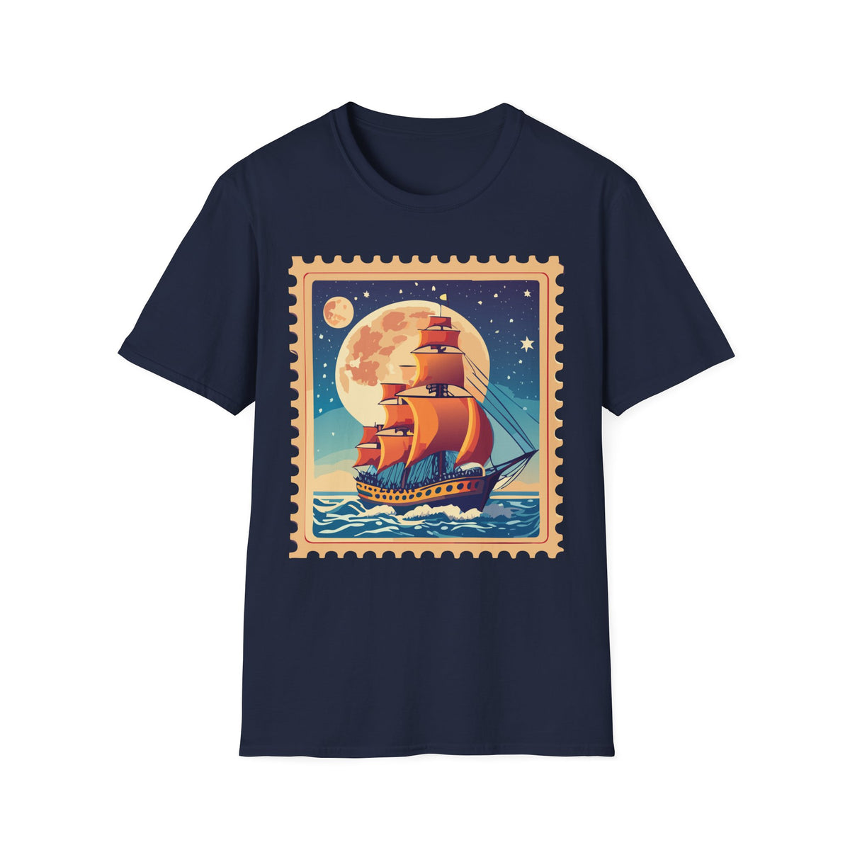 Vintage Sailing Ship T‑Shirt — Nautical Stamp Moonlight Travel Post Graphic Design Unisex 100 Cotton Gildan T-Shirt